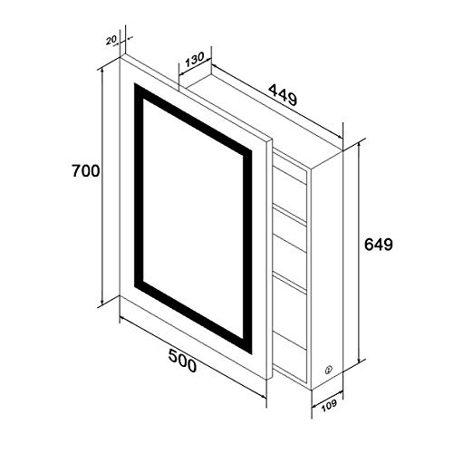 SONNI Łazienkowa szafka z lustrem LED, 70 x 50 cm, 3 kolorowe światło, możliwość ściemniania, gniazdko elektryczne + defogging, drzwi przesuwne, stal nierdzewna, szafka z lustrem z przełącznikiem