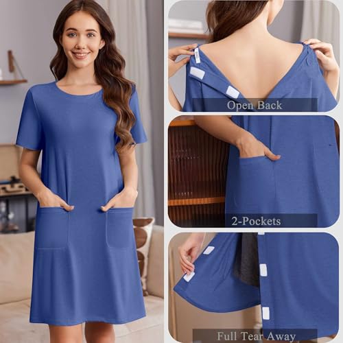 Deyeek Open Back Hospital Gowns for Women Tear Away Short Sleeve Post Surgery Soft Nightgowns for Elderly Women With Pocket3