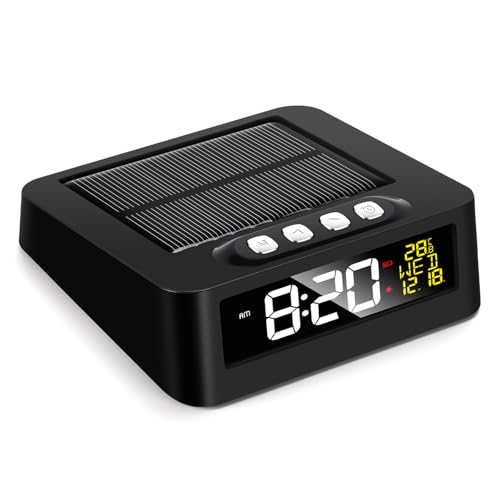 Bewinner Solar Powered Car Clock, 12h 24h Digital LCD Display with Date Temperature Dual Alarm Snooze Function, for Truck Car Bedroom Kitchen Camping (Black)