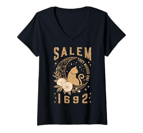 Donna They Missed One 1692 Salem Witch Trials Gatto Nero Fiore di campo Maglietta con Collo a V