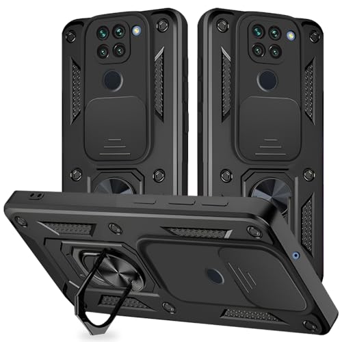 Image of Armor Bumper Back Cover Case for Redmi Note 9 Rotating Camera Cover, Ring Holder & Kickstand | Heavy Duty & 360 Degree Protection Redmi Note 9 Back Cover (Black)