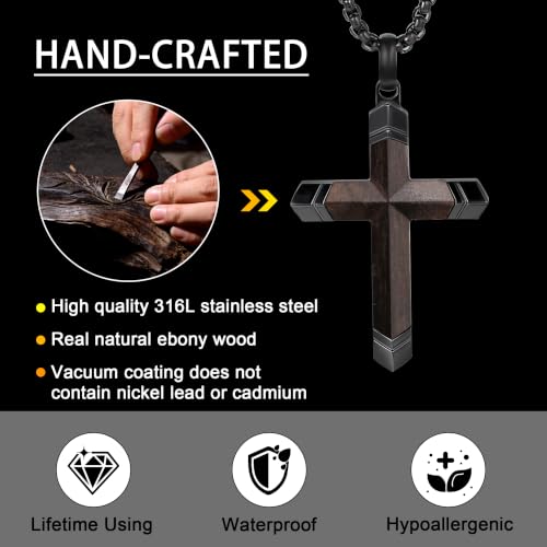 Image of Wooden Cross Necklace for Men with Stainless Steel Adjustable Chain 24-26in, Christian Wood Crucifix Pendant Gift for Him