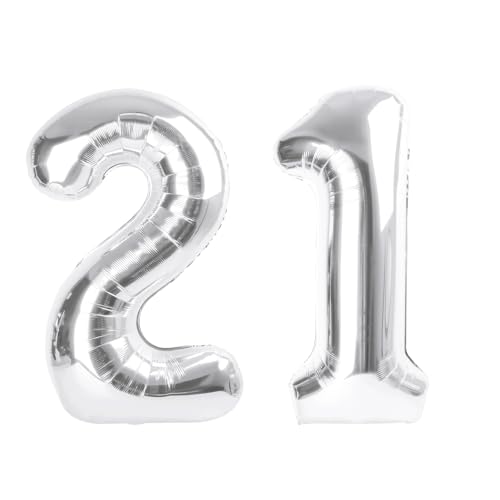 Image of Number Balloons 21 Balloon 40 inch Silver for 12 21 Birthday Decoration | Saturated Color, Large 40 in, With Straw & Hanging Hole, For Graduation Season, Thanksgiving, Anniversary, Christmas