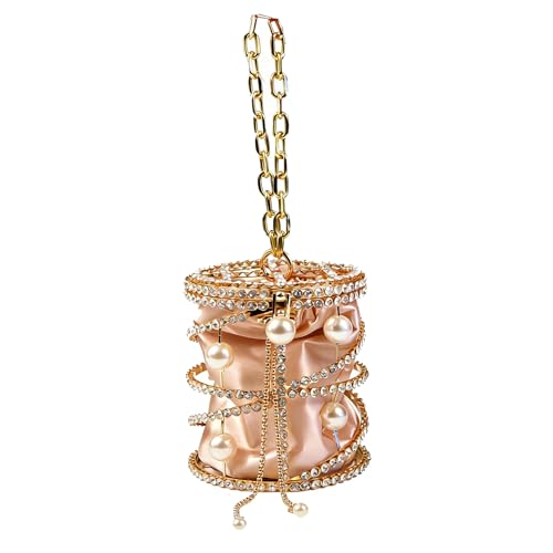 Luxury Women's Party Rhinestone Gold Evening Metallic Bucket Bags Crossbody Bag,Designer Handbags 2025 Pearl Chain Shaped Purse, Dinner Bag Formal, Perfect For Vacation, Party, Wedding, Banquet
