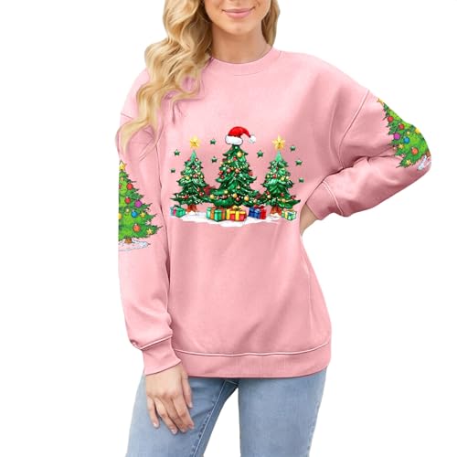 Christmas Jumpers Women Christmas Jumpers for Women UK Cute Tree Printed Crew Neck Sweatshirt Think Thermal Oversized Top Soft Long Sleeve Pullovers Pretty Pink Tunic Longline for UK Grey 3XL