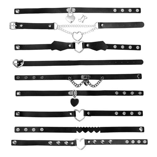 Foraineam 9 Pieces Adjustable Punk Goth Choker Heart Shaped Theme PU Leather Necklace Gothic Choker Set Black Collar Chain for Valentine's Day Party Cosplay Birthday2