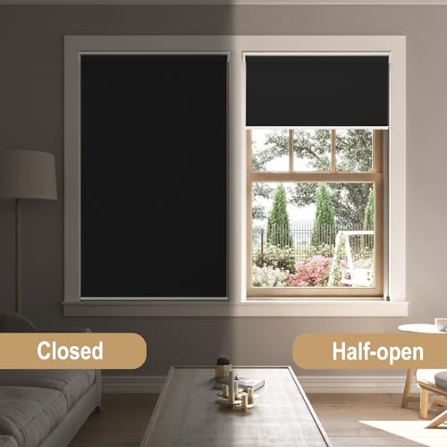 Image of Changshade Blackout Roller Shades for Indoor Windows,Cordless Roller Blinds,Free-Stop Roll Up Shades with Thermal Insulated, Uv Protection Fabric for Bedroom,Office,French Door,Black,24 inch W72 H