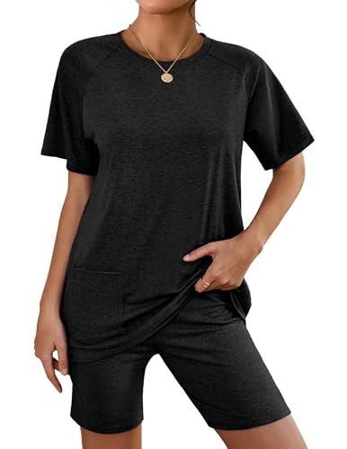 Image of Ekouaer Two Piece Sets for Women Summer Outfits 2026 Lounge Set Crew Neck Tshirts Biker Short Sweatsuit with Pocket