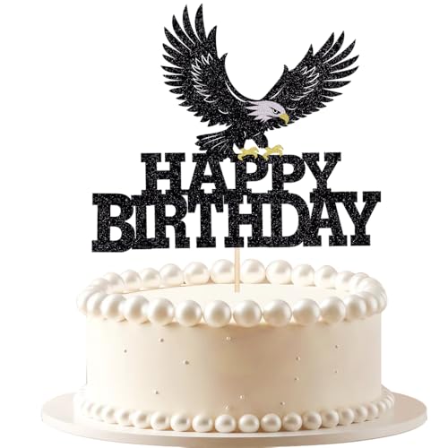 VQOUZVSR Eagle Themed Birthday Cake Topper - Black Glitter Happy Birthday Decorations for Boys Men Birthday Party Supplies 1 Pack