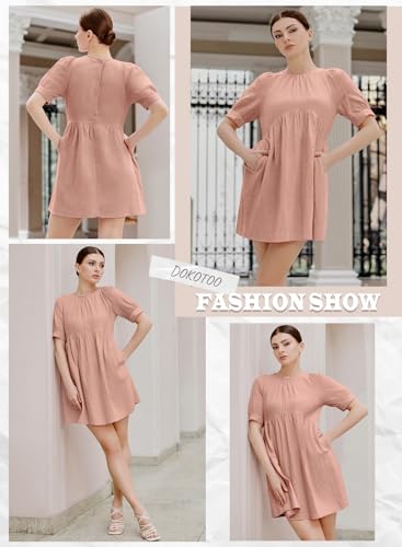 Image of Dokotoo Womens Summer Crewneck Puff Sleeve Babydoll Elegant Empire Waist Mini Swing Skater Dresses with Pockets