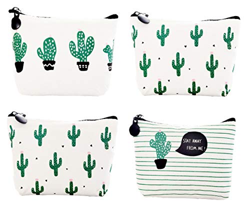 iSuperb Pack of 4 Canvas Coin Purse Change Cash Bag Cute Cactus Pattern Oxford Liner Small Purse Wallets with Zipper 4.7x1.3x3.3 inch