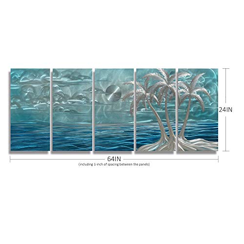 BATRENDY ARTS Blue Metal Tree Wall Art Silver Coconut Palm by the Sea Hand-polished Tropical Artwork Accent Contemporary Bedroom Decor Hangings - Image 3