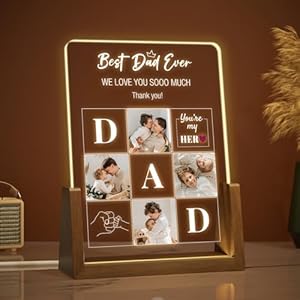 Personalized Fathers Day Dad Gifts, Customized Gifts Acrylic Plaque with Photo, Unique LED Walnut Picture Frame, Father’s day Gift Idea for Dad from Daughter or Son