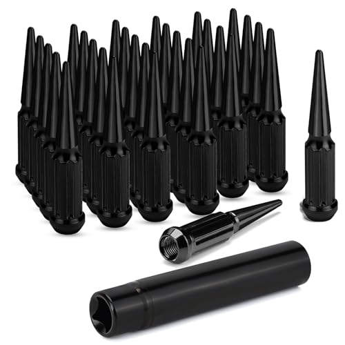 M12x1.5 Spike Lug Nuts, Set of 24 Black Spline Spiked Lug Nut with Key for Dodge Ram 1500, Toyota Tundra, Chevrolet Tahoe 2000-2024, Ram 2500 1994-2024, 12x1.5 Acorn Solid Metal Truck LugNut