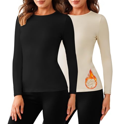 Bonneuitbebe Women's 2 Pack Thermal Long Sleeve Undershirt Fleece Lined Crewneck Thermal Shirts Ladies Base Layer Tops