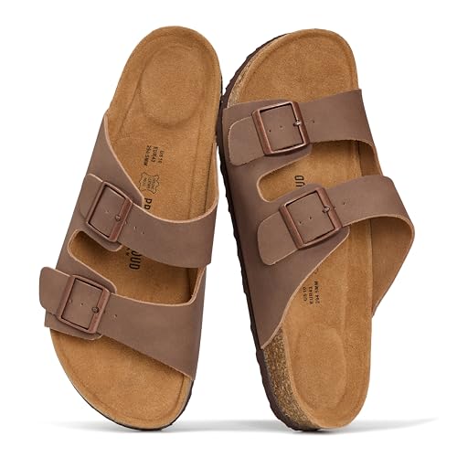 Project Cloud 100% Genuine Leather Mens Sandals - Memory Foam Insole & Cork Footbed Slides for Men Footwear - Non-Slip Summer Sandals for Men & Lightweight Mens Slides (Heritage, BROWNDUS-9.5D)
