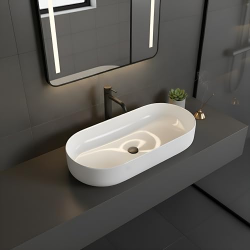 Image of WASSMIST Premium Wash Basin | Designer Ceramic Washbasin | Acid & Fade Resistant Table Top Bathroom Sink (27.56x13.19x5.31 Inch)