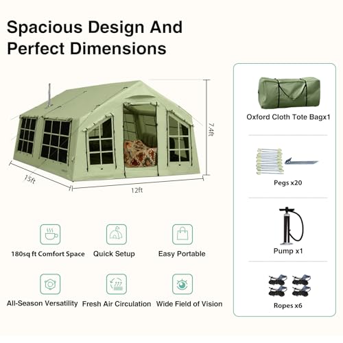 Image of KNUO Inflatable Camping Tent, Large Blow-Up Air Tent, No Assembly Needed Luxury Glamping House, Oxford Fabric