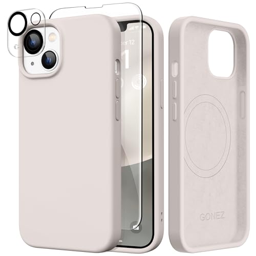 GONEZ Magnetic for iPhone 14 Case, Compatible with Magsafe, with Screen Protector + Camera Protector, Anti-Scratch Microfiber Lining, Liquid Silicone Shockproof Protective Phone Case, Stone