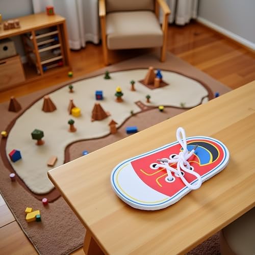 Image of Red Wooden Shoe Tying Practice, Learn to Tie Your Own Shoes Threading Lacing Shoes Training Early Learning Kits, Threading Lacing Shoes Training Board Early Learning,Decorative Accessories
