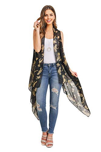 Lightweight Sheer Open Shawl Cardigan - Tassel Floral Robe, Snake, Leopard Animal Print Kimono (Long Vest - Camo Khaki)