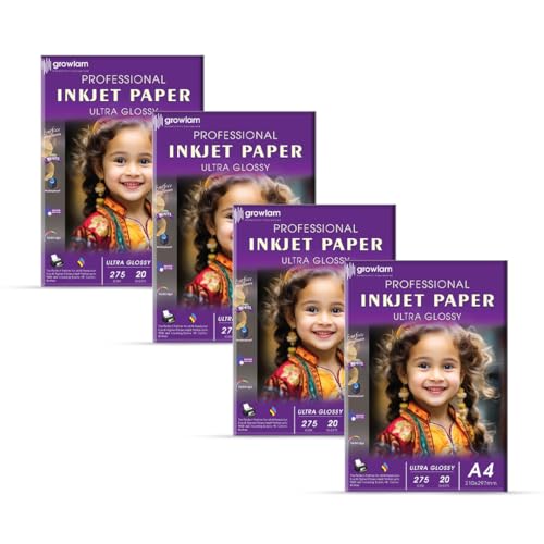 Image of Growlam Ultra Glossy Photo Paper 275 GSM A4 Size, 20 Sheets (Pack of 4) | Resin Coated Surface, Waterproof Technology, Tropical Climate Durability, Realistic Color Reproduction, Stunning Visual Depth