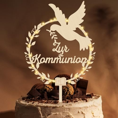 Giftota Cake Topper zur Kommunion aus Holz mit LED Lichterkette - Tortendeko Kommunion - Erstkommunion Tortendeko für Junge Mädchen