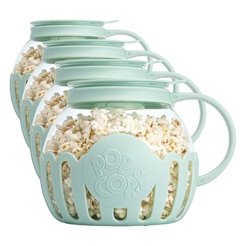 Image of Ecolution Patented Micro-Pop Microwave Popcorn Popper with Temperature Safe Glass,3-in-1 Lid Measures Kernels and Melts Butter,Made Without BPA,Dishwasher Safe,3-Quart,Aqua,(Pack of 4)