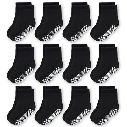 Image of CozyWay Baby & Toddler Socks With Grippers Non Slip Crew Grip Socks for Girls and Boys Soft Comfy Cotton - 12 Pack