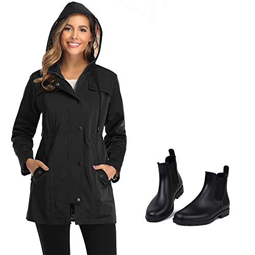 1 Water-resistant Rain Jacket with 1 Ankle Rain Boots for Women (Black-series Bundle)