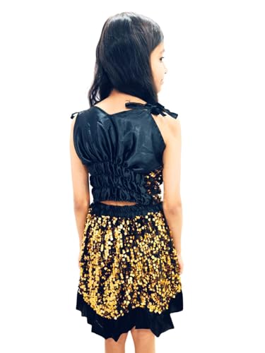 Image of BookMyCostume Western Dance Costume for Girls - Black & Golden Sequin Top and Skirt | Sleeveless Velvet Dress for Kids | Annual Day Dance Dresses & Fancy Dress for Stage Shows & Performances 4-5 Years