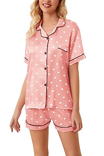 Satin Pajamas For Girls, Silk Pajamas 2 Pcs Button Down Sleepwear Short Sleeve Loungewear Outfit For Girls, D White Herat Pink, 11-12 Years = Tag 11-12 #TOP3