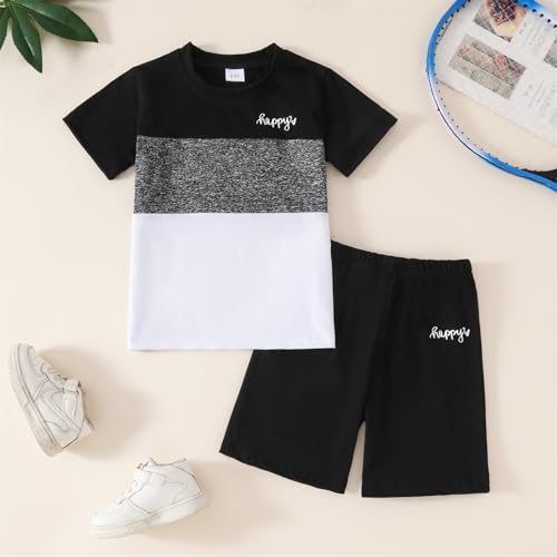Image of Yoxindax Toddler Kid Boy Clothes Colorblock Letter Graphic Tee Shorts 2PC Summer Outfit Set