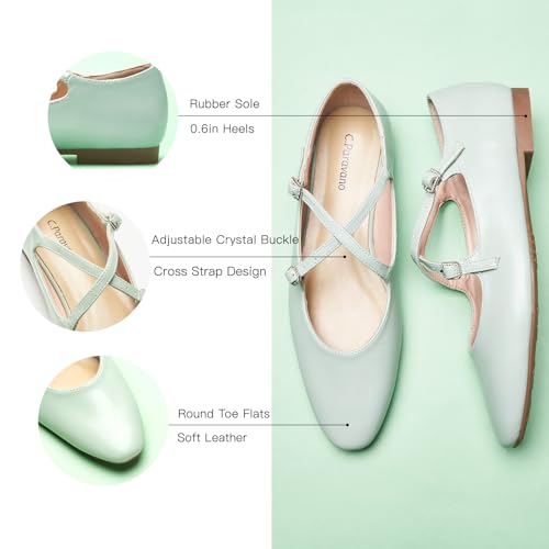 C.Paravano Women's Mary Jane Flats Almond Toe Ballet Flats Shoes for Women，Work, Casual and Daily Wear(Size 7,Green)4