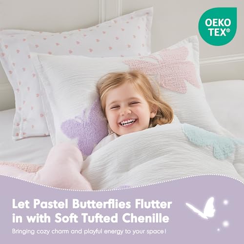 Image of Intelligent Design Kids Girls Butterflies Multi Twin Comforter Set, 3pc | Children Bedding, Back to School, Tufted Chenille, Pink Polka Dot, Reversible, Machine Washable, Easy Care