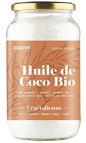 Huile de Coco Bio Extra Vierge MonteNativo - 1000ml (1Liter) Huile de Noix de Coco Biologique et non Raffinée, Pure et 100% Bio - Idéale Pour Les Cheveux, Le Corps et Comme Aliment (1x1000ml)