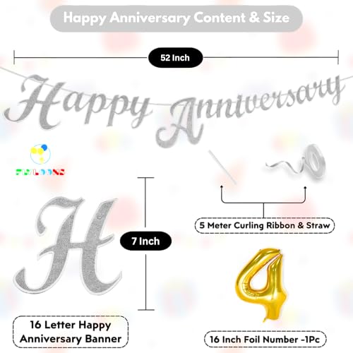 Image of Flyloons 4th Happy Anniversary Banner Silver Decorations Kit for Men Women Wedding Anniversary Banner Items without Balloons