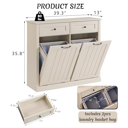 Image of IFBUY Double Tilt Out Laundry Hamper Cabinet, Trash Cabinet, Cream