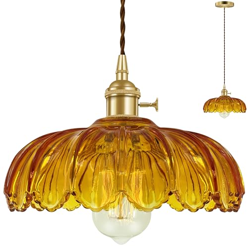 Laphivieh Hardwired Pendant Light Fixture, Hanging Light Fixture, Glass Shade Pendant Light with Rotary Switch, Modern Lamp for Kitchen Island, Bedroom, Dining Room, Living Room (Orange, 6 Ft Cord)