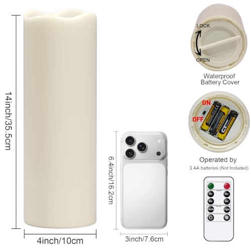 Image of GenSwin Outdoor Flameless Candles Battery Operated Waterproof Remote | IP65, White, Flickering LED Candles, Large Pillar Candles Lantern Porch Patio Garden Decor, 4 inch x 14 inch, 2 /4 /6 /8 Timer, 2 Pack