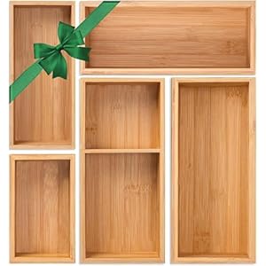 Bamboo Drawer Organizer 5 Pcs for Kitchen Multi-purpose Storage Dividers for Kitchen, Office, Jewelry, Cosmetics, Wooden Drawer Dividers for Drawer Organizer Desk Organizer Gift for Women Gifts Idea