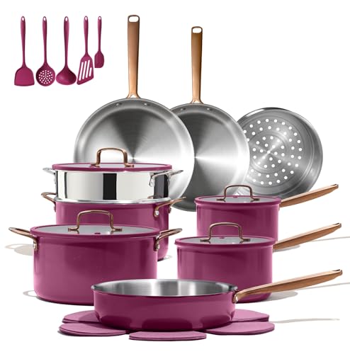 Comparison: Best Stainless Steel Pots And Pans For Electric Stove 10 CAROTE 24pcs Tri-Ply Stainless Steel Cookware Set, Pots and Pans Set, Non Toxic Induction Kitchen Cooking Sets, Cookware Collection, Outer Ceramic Layer, Violet Purple