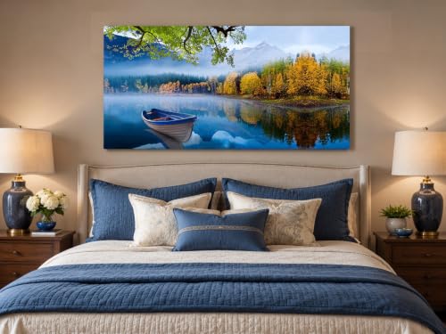 Image of Arjun Lake Canvas Wall Art Blue Mountain Sky Nature Landscape Picture Boat Artwork Modern Scenic Painting Framed Large for Living Room Bedroom Bathroom Dinning Room Home Office Wall Decor 40 inchx20 inch | Wall Art for Living Room Picture Bedroom Nature Mountain Artwork Modern Nature Scenery Home Office Dining Room Wall Decor