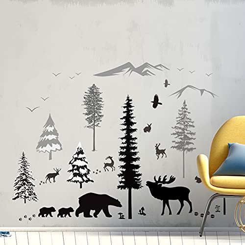 Woodland Nursery Decor Tree Wall Decals Mountain Forest Animal Bear Deer Wall Stickers Forest Wall Mural Sticker Removable Wall Decals For Kids' Room Bedroom Nursery Living Room #TOP6