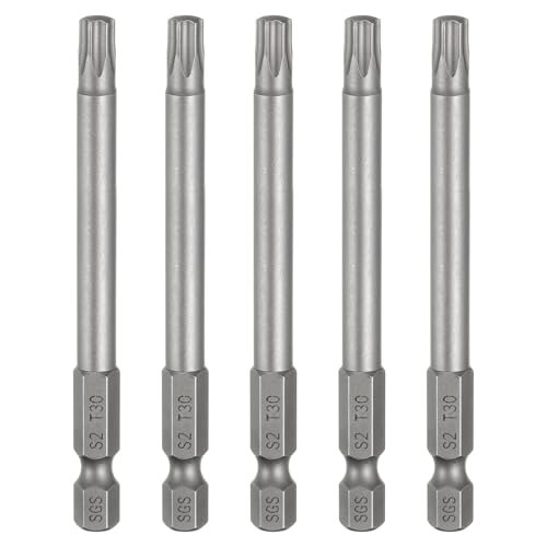 sourcing map 5pcs T30 Torx Head Screwdriver Bit 1/4" Hex Shank 3.15" (80mm) Long Magnetic No Hole Tip Tamper Proof 6 Point Star Screw Driver Drill Bits S2 Steel Industrial Power Screwdrivers