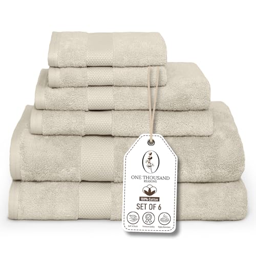 Premium Staple Cotton Bathroom Towel Set - Beige 600 GSM 6-Piece Luxury Bath Towel Set 1 Stripe - 2 Bath Towels, 2 Hand Towels & 2 Washclothes Set - High Absorbent & Quick Dry for Gym, Spa, Hotel