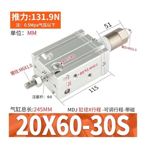 Mini vérin pneumatique MDJ20x60-30S course réglable 10mm 30mm 50mm - 3