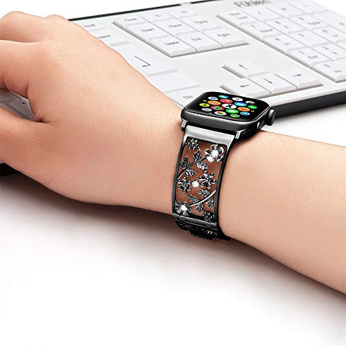 Image of Floral Band for Apple Watch Band, Women, Black, 42 /44 /45 /46 /49mm | Bling Crystal Bracelet Hollow Metal Strap, Delicate & Chic, Fits iWatch series 11 /10 /9 /8 /7, Ideal for Everyday & Casual
