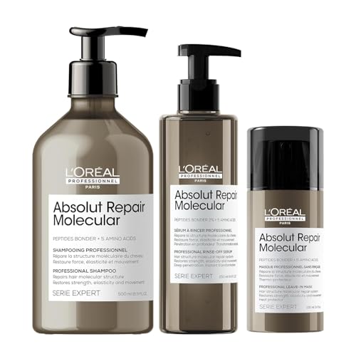 L'Oréal Professionnel Paris Absolut Repair Molecular Hair Care Set - Sulfate-Free Shampoo, Rinse-Off Serum & Leave-In Mask For Extremely Dry Damaged Hair, With Peptide Bonder & Amino Acids