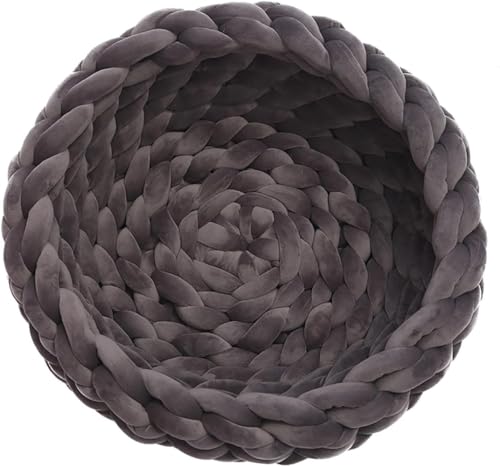 手編みニットペットベッド ペットハウス クッション 犬 猫 小型犬 洗える 可愛い 丸型 チャンキーニット 手編み ぐっすり眠る 滑り止め 通年 洗える キャット 小物入れ 寒さ対策 グレー 保温防寒 猫用 小型犬用 ペット用品 直径40cm 持ち便利 (